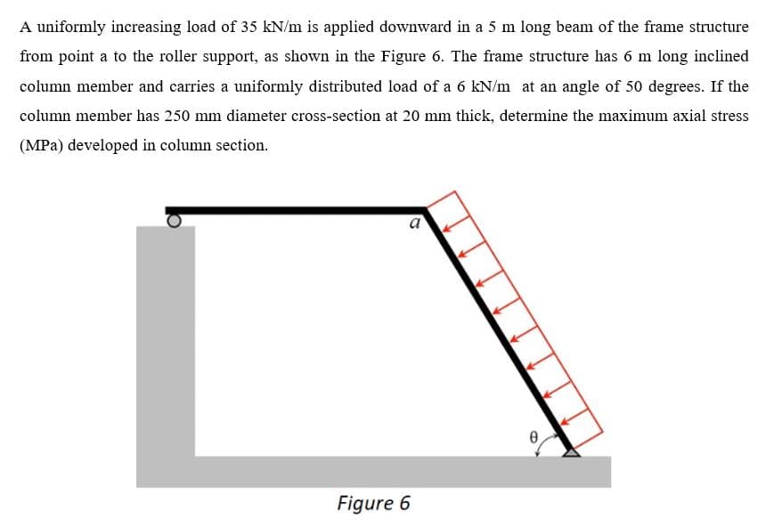 A uniformly increasing load of 35 kN/m is applied downward in a 5 m long beam of the frame structure
from point a to the roller support, as shown in the Figure 6. The frame structure has 6 m long inclined
column member and carries a uniformly distributed load of a 6 kN/m at an angle of 50 degrees. If the
column member has 250 mm diameter cross-section at 20 mm thick, determine the maximum axial stress
(MPa) developed in column section.
a
Figure 6
0