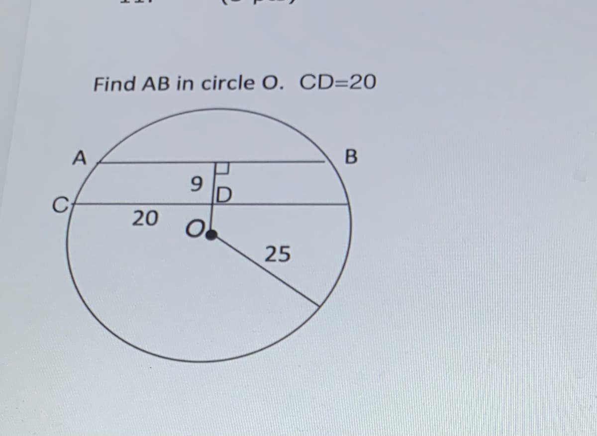 Find AB in circle O. CD=20
A
B
9 D
C
20
25
