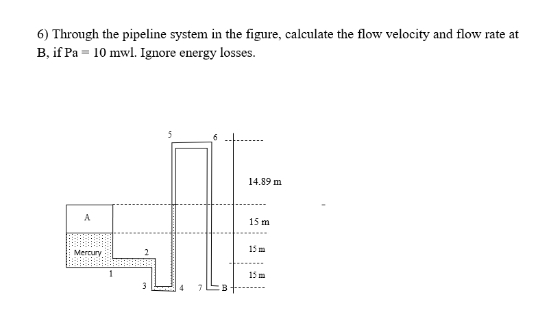 6) Through the pipeline system in the figure, calculate the flow velocity and flow rate at
B, if Pa = 10 mwl. Ignore energy losses.
5
14.89 m
A
15 m
15 m
Mercury
2.
1
15 m
3
7
B
