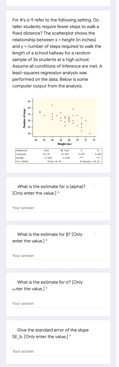 For #'s 6-9 refer to the following setting. Do
taller students require fewer steps to walk a
fixed distance? The scatterplot shows the
relationship between x = height (in inches)
and y = number of steps required to walk the
length of a school hallway for a random
sample of 36 students at a high school.
Assume all conditions of inference are met. A
least-squares regression analysis was
performed on the data. Below is some
computer output from the analysis.
65 -
60 -
55-
50-
45-
40
60
62
64
66
68
70
72
74
Height (in.)
Predictor
Coef
SE Coef
Conatant
113.57
e.479
13.O85
0.000
Height
-0.9211
0.1938
...
S-3.50429
R-Sq - 39.9
R-Sg(adi) - 38.1
What is the estimate for a (alpha)?
[Only enter the value.] *
Your answer
What is the estimate for B? [Only
enter the value.] *
Your answer
What is the estimate for o? [Only
enter the value.] *
Your answer
Give the standard error of the slope
SE_b. [Only enter the value.] *
Your answer
Number of steps
