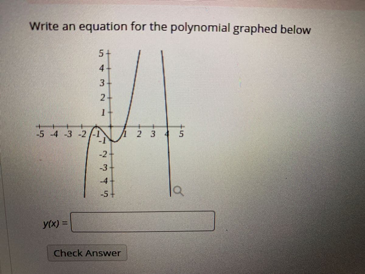 Write an equation for the polynomial graphed below
5+
4
3.
24
-5-4 -3 -2/-1
12345
-2+
-3
-4
-5+
yX)%3D
Check Answer
