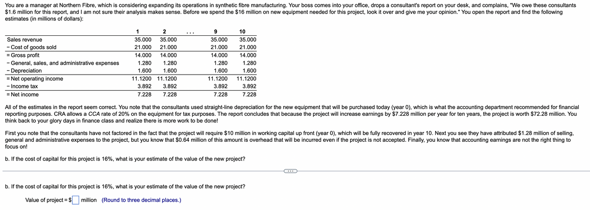 You are a manager at Northern Fibre, which is considering expanding its operations in synthetic fibre manufacturing. Your boss comes into your office, drops a consultant's report on your desk, and complains, "We owe these consultants
$1.6 million for this report, and I am not sure their analysis makes sense. Before we spend the $16 million on new equipment needed for this project, look it over and give me your opinion." You open the report and find the following
estimates (in millions of dollars):
Sales revenue
- Cost of goods sold
= Gross profit
- General, sales, and administrative expenses
- Depreciation
= Net operating income
Income tax
= Net income
1
2
35.000 35.000
21.000 21.000
14.000 14.000
1.280 1.280
1.600
1.600
11.1200 11.1200
3.892 3.892
7.228
7.228
9
35.000
21.000
14.000
1.280
1.600
11.1200
3.892
7.228
10
35.000
21.000
14.000
1.280
1.600
11.1200
3.892
7.228
All of the estimates in the report seem correct. You note that the consultants used straight-line depreciation for the new equipment that will be purchased today (year 0), which is what the accounting department recommended for financial
reporting purposes. CRA allows a CCA rate of 20% on the equipment for tax purposes. The report concludes that because the project will increase earnings by $7.228 million per year for ten years, the project is worth $72.28 million. You
think back to your glory days in finance class and realize there is more work to be done!
First you note that the consultants have not factored in the fact that the project will require $10 million in working capital up front (year 0), which will be fully recovered in year 10. Next you see they have attributed $1.28 million of selling,
general and administrative expenses to the project, but you know that $0.64 million of this amount is overhead that will be incurred even if the project is not accepted. Finally, you know that accounting earnings are not the right thing to
focus on!
b. If the cost of capital for this project is 16%, what is your estimate of the value of the new project?
b. If the cost of capital for this project is 16%, what is your estimate of the value of the new project?
Value of project = $
million (Round to three decimal places.)