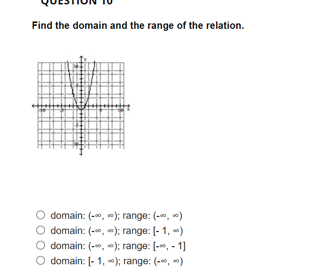 Find the domain and the range of the relation.
O domain: (-00, 0); range: (-∞, ∞)
O domain: (-∞, ∞); range: [- 1, ∞)
O domain: (-00, 0); range: [-∞, - 1]
O domain: [- 1, 0); range: (-∞, ∞)
