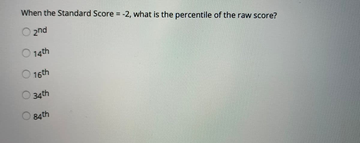 When the Standard Score = -2, what is the percentile of the raw Score?
2nd
O 14th
16th
34th
84th
