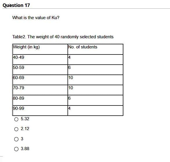 Question 17
What is the value of Ku?
Table2. The weight of 40 randomly selected students
Weight (in kg)
No. of students
40-49
50-59
60-69
70-79
80-89
90-99
5.32
O 2.12
O 3
3.88
4
6
10
10
6
14