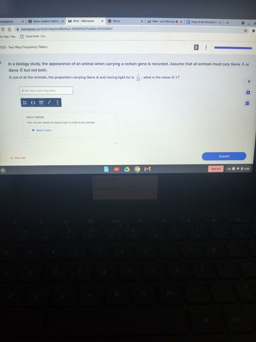 arter@Gary
A Bates- Algebra 1 Semes x
M Work : Mathspace
Nexus
LA Meet - ucm-fttw-cuq O x
E Copy of Act One Quiz R x
A mathspace.co/work/AdaptiveWorkout-42600533/Problem-925253847
to Type Free
O Tunnel Rush - Fun
7.03 - Two Way Frequency Tables
B.
In a biology study, the appearance of an animal when carrying a certain gene is recorded. Assume that all animals must cary Gene A or
Gene B but not both.
If, out of all the animals, the proportion carrying Gene A and having light fur is
24
what is the value of X?
Enter your next step here
() 中
国
INPUT ERROR
Your answer needs an equals sign in order to be marked.
Watch video
Submit
e Skip step
Sign out
us 0I 9:36
McCully Alyah
2AAMCCully21C

