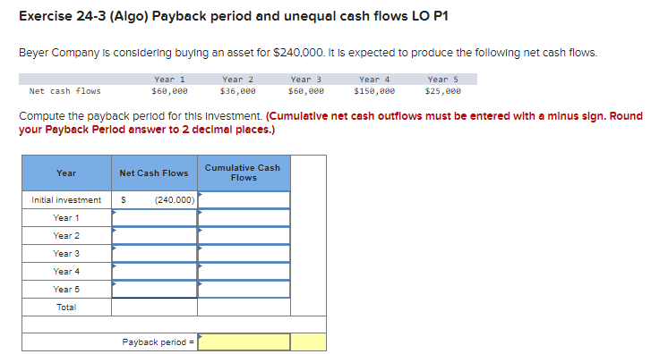 Exercise 24-3 (Algo) Payback period and unequal cash flows LO P1
Beyer Company is considering buying an asset for $240,000. It is expected to produce the following net cash flows.
Year 5
$25,000
Net cash flows
Year
Year 1
$60,000
Initial investment
Year 1
Year 2
Year 3
Year 4
Year 5
Total
Compute the payback period for this Investment. (Cumulative net cash outflows must be entered with a minus sign. Round
your Payback Perlod answer to 2 decimal places.)
Net Cash Flows
$ (240,000)
Year 2
$36,000
Payback period =
Year 3
$60,000
Cumulative Cash
Flows
Year 4
$150,000