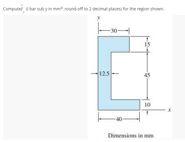 Compute! (I bar sub y in mm4, round-off to 2 decimal places) for the region shown.
y
-30-
12.5
40-
15
45
10
Dimensions in mm