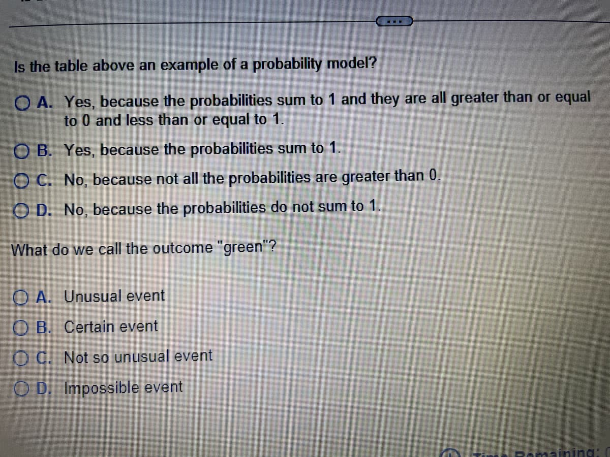 **Is the table above an example of a probability model?**

- **A.** Yes, because the probabilities sum to 1 and they are all greater than or equal to 0 and less than or equal to 1.
- **B.** Yes, because the probabilities sum to 1.
- **C.** No, because not all the probabilities are greater than 0.
- **D.** No, because the probabilities do not sum to 1.

**What do we call the outcome "green"?**

- **A.** Unusual event
- **B.** Certain event
- **C.** Not so unusual event
- **D.** Impossible event