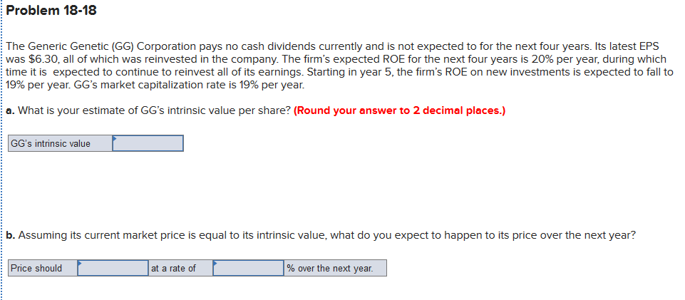 Problem 18-18
The Generic Genetic (GG) Corporation pays no cash dividends currently and is not expected to for the next four years. Its latest EPS
was $6.30, all of which was reinvested in the company. The firm's expected ROE for the next four years is 20% per year, during which
time it is expected to continue to reinvest all of its earnings. Starting in year 5, the firm's ROE on new investments is expected to fall to
19% per year. GG's market capitalization rate is 19% per year.
a. What is your estimate of GG's intrinsic value per share? (Round your answer to 2 decimal places.)
GG's intrinsic value
b. Assuming its current market price is equal to its intrinsic value, what do you expect to happen to its price over the next year?
Price should
at a rate of
% over the next year.
