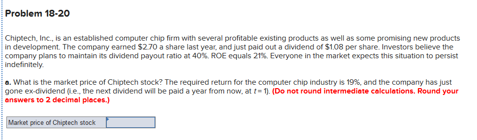 Problem 18-20
Chiptech, Inc., is an established computer chip firm with several profitable existing products as well as some promising new products
in development. The company earned $2.70 a share last year, and just paid out a dividend of $1.08 per share. Investors believe the
company plans to maintain its dividend payout ratio at 40%. ROE equals 21%. Everyone in the market expects this situation to persist
indefinitely.
a. What is the market price of Chiptech stock? The required return for the computer chip industry is 19%, and the company has just
gone ex-dividend (i.e., the next dividend will be paid a year from now, at t= 1). (Do not round intermediate calculations. Round your
answers to 2 decimal places.)
Market price of Chiptech stock
