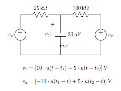 VI
+1.
25 ΚΩ
+
100 ΚΩ
ww
VC
20 μF
Vy
ic
UT = [10u(t-₁)-5-u(t - t₂)] V
-
-
vy=[-10u(t₁ t) + 5 · u(t₂ − t)] V
+1