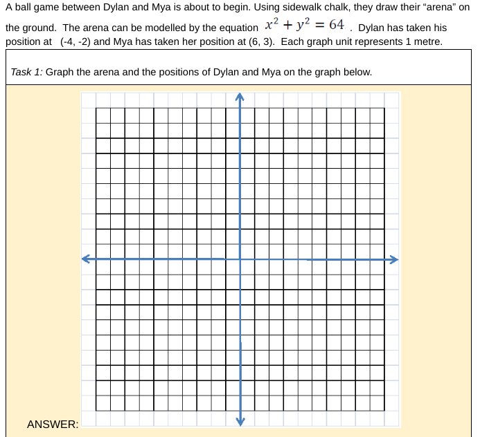 A ball game between Dylan and Mya is about to begin. Using sidewalk chalk, they draw their "arena" on
the ground. The arena can be modelled by the equation x² + y² = 64 . Dylan has taken his
position at (-4,-2) and Mya has taken her position at (6, 3). Each graph unit represents 1 metre.
Task 1: Graph the arena and the positions of Dylan and Mya on the graph below.
ANSWER: