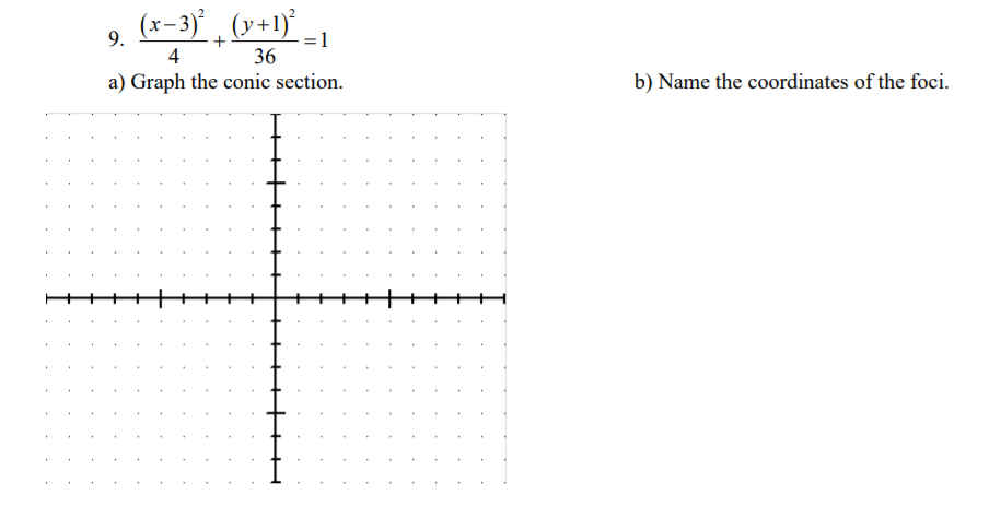 (x-3)' , (v+1)*
9.
4
36
a) Graph the conic section.
b) Name the coordinates of the foci.
