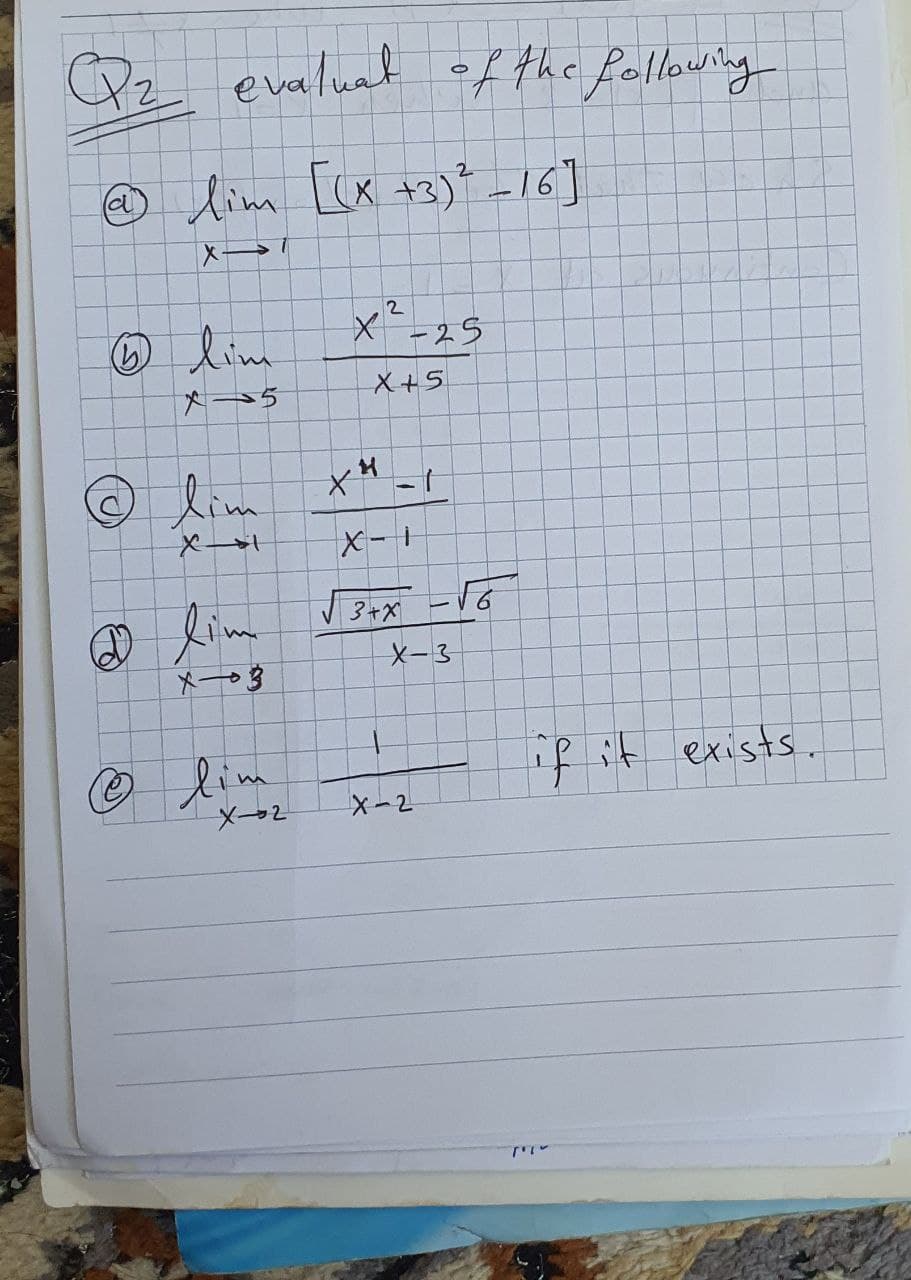 Qz evaluat
f the following
☺ lim L(X +3)* -16]
2
の人ia
X--25
メ一5
X+5
lim
X-1
③人im
メー3
『3ャx -a
X-3
lim
メー2
if it exists.
の
X-2
