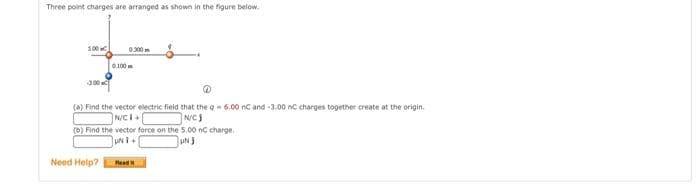Three point charges are arranged as shown in the figure below.
5.00
3.00
0.100
0:300m
(a) Find the vector electric field that the q6.00 nC and -3.00 nC charges together create at the origin.
N/CI+
N/C
Need Help?
(b) Find the vector force on the 5.00 nC charge.
UNI
UNJ
Fload it