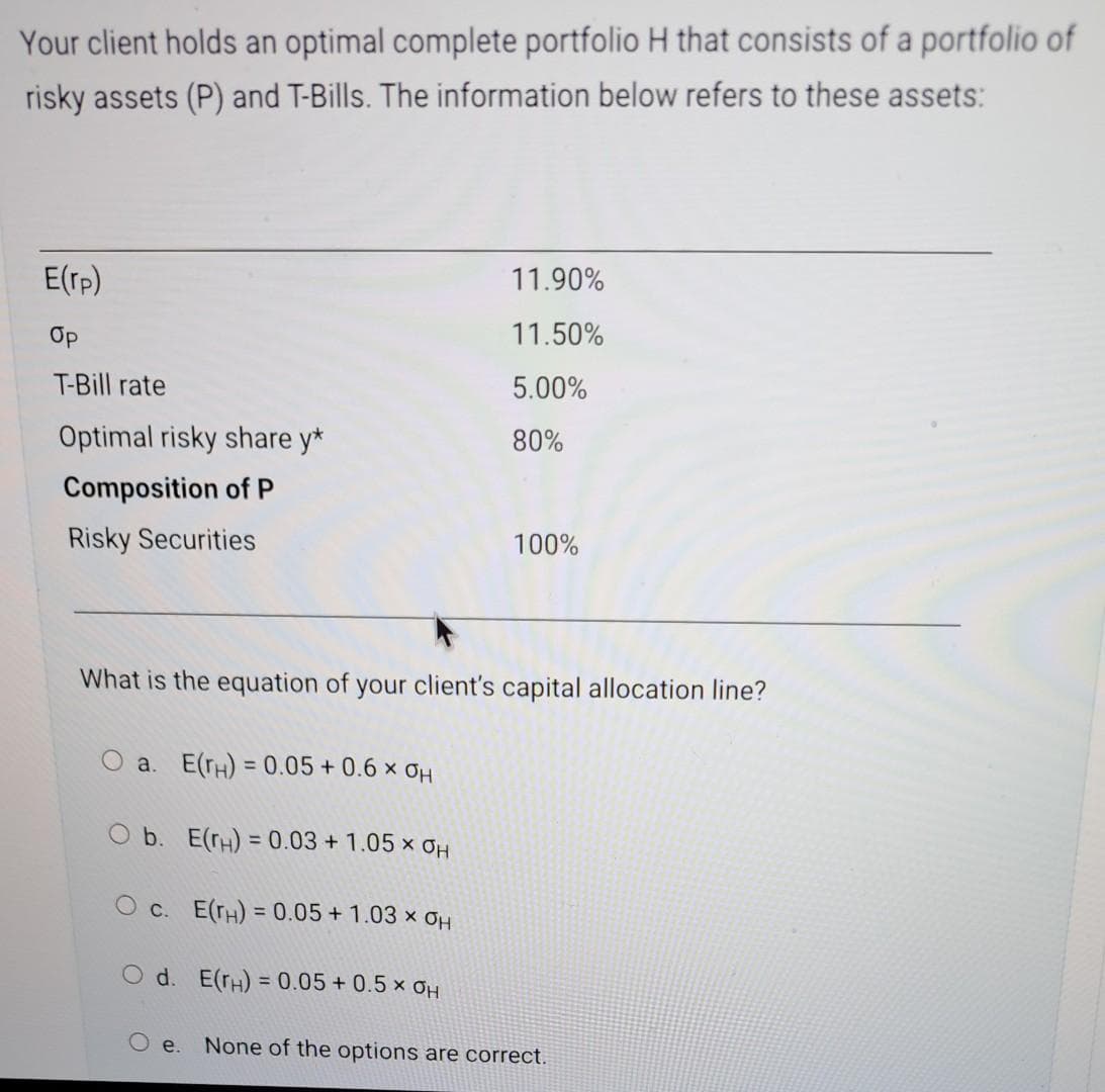 Your client holds an optimal complete portfolio H that consists of a portfolio of
risky assets (P) and T-Bills. The information below refers to these assets:
E(rp)
Op
T-Bill rate
Optimal risky share y*
Composition of P
Risky Securities
O a. E(H) = 0.05 +0.6 × OH
O b. E(H) = 0.03 + 1.05 × OH
O c. E(TH) = 0.05 +1.03 × OH
What is the equation of your client's capital allocation line?
O d. E(TH) = 0.05 +0.5 × OH
11.90%
11.50%
5.00%
80%
O e.
100%
None of the options are correct.