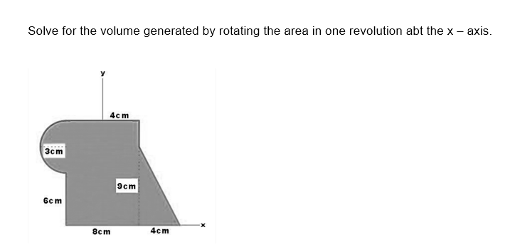 Solve for the volume generated by rotating the area in one revolution abt the x - axis.
3cm
6cm
4cm
8cm
9cm
4cm