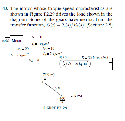 43. The motor whose torque-speed characteristics are
shown in Figure P2.29 drives the load shown in the
diagram. Some of the gears have inertia. Find the
transfer function, G(s) = 02(s)/Ea(s). [Section: 2.8]
N1 = 10
eg(t) Motor
|1=1 kg-m²
N3 = 10
N2 = 20
h= 2 kg-m |
N4 = 20
J3 = 2 kg-m?
e (1)
D= 32 N-m-s/rad
J4= 16 kg-m² HE
T(N-m)
5 V
- RPM
600
FIGURE P2.29
