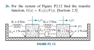 26. For the system of Figure P2.12 find the transfer
function, G(s) = X1(s)/F(s). [Section: 2.5]
-xO K2 = 5 N/m
K1 = 4 N/m
- At)
= 3 N-s/mM= T kgJv2=3 N-s/m M = 2 Kg fy, = 2 N-s/m
FIGURE P2.12
