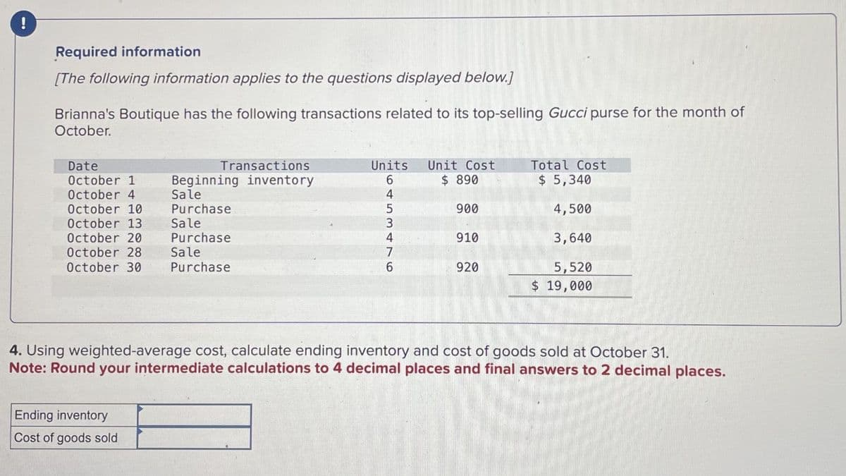 Required information
[The following information applies to the questions displayed below.]
Brianna's Boutique has the following transactions related to its top-selling Gucci purse for the month of
October.
Date
October 1
October 4
October 10
October 13
October 20
October 28 Sale
October 30
Transactions
Beginning inventory
Sale
Purchase
Sale
Purchase
Ending inventory
Cost of goods sold
Purchase
Units Unit Cost
$ 890
6453476
900
910
920
Total Cost
$ 5,340
4,500
3,640
5,520
$ 19,000
4. Using weighted-average cost, calculate ending inventory and cost of goods sold at October 31.
Note: Round your intermediate calculations to 4 decimal places and final answers to 2 decimal places.