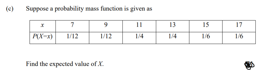 (c)
Suppose a probability mass function is given as
7
9
11
13
15
17
P(X=x)
1/12
1/12
1/4
1/4
1/6
1/6
Find the expected value of X.
