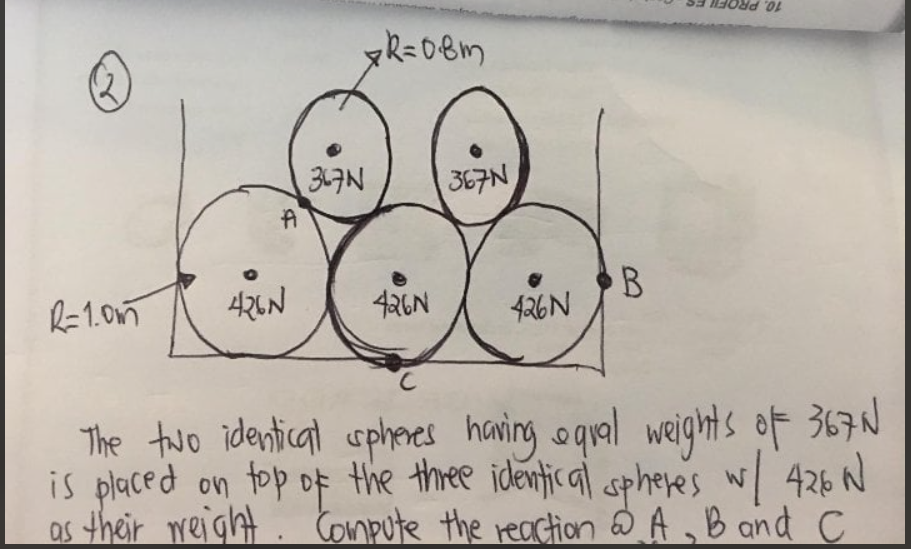 The two identical sphaes haring oqral weights of 367
10.
367N
R=1.0m
4N
426N
426N
is placed on top of the three identic al sphere's w 426 N
os their weight. Compute the reaction A,B and C
