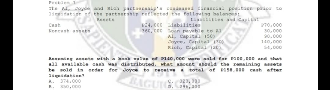 Problem 7
The Al, Joyce and Rich partnership's condensed financial position prior to
liquidation of the partnership reflected the following balances:
Assets
Liabilities and Capital
P24,000 Liabilities
360,000
Cash
P70,000
30,000
90,000
140,000
54,000
Noncash assets
Loan payable to Al
Al, Capital (50)
Joyce, Capital (30)
Rich, Capital (20)
Assuming assets with a book value of P140,000 were sold for P100,000 and that
all available cash was distributed, what amount should the remaining assets
sold in order
be
for Joyce
to
receive
total
of P158,000
cash
after
a
liquidation?
374,000
B. 350,000
AGUIGG96,000
A.
с.
320,000
SAPIENS
ICA
