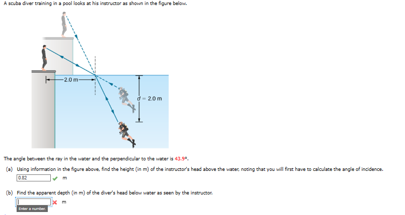 A scuba diver training in a pool looks at his instructor as shown in the figure below.
H
2.0 m-
d = 2.0 m
The angle between the ray in the water and the perpendicular to the water is 43.9°,
(a) Using information in the figure above, find the height (in m) of the instructor's head above the water, noting that you will first have to calculate the angle of incidence.
0.82
Enter a number.
(b) Find the apparent depth (in m) of the diver's head below water as seen by the instructor.
x m