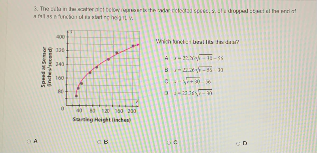 3. The data in the scatter plot below represents the radar-detected speed, s, of a dropped object at the end of
a fall as a function of its starting height, v.
400
Which function best fits this data?
320
A. s= 22.26 Vv - 30 + 56
240
B. s= 22.26 V – 56+30
160
C. s= Vv + 30 – 56
80
s = 22.26 Vv – 30
40
80 120 160 200
Starting Height (inches)
O A
O B
O D
Speed at Sensor
(inches/second)
D.
