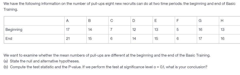 We have the following information on the number of pull-ups eight new recruits can do at two time periods: the beginning and end of Basic
Training.
A
B
D
E
G
H
Beginning
17
14
7
12
13
5
16
13
End
21
15
6
14
15
6
17
16
We want to examine whether the mean numbers of pull-ups are different at the beginning and the end of the Basic Training.
(a) State the null and alternative hypotheses.
(b) Compute the test statistic and the P-value. If we perform the test at significance level a = 0.1, what is your conclusion?
