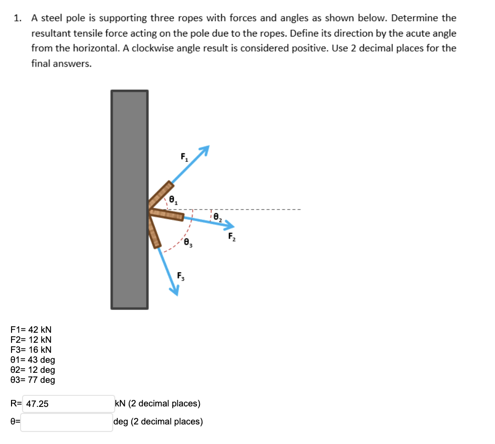 1. A steel pole is supporting three ropes with forces and angles as shown below. Determine the
resultant tensile force acting on the pole due to the ropes. Define its direction by the acute angle
from the horizontal. A clockwise angle result is considered positive. Use 2 decimal places for the
final answers.
F,
F,
F1= 42 kN
F2= 12 kN
F3= 16 kN
01= 43 deg
02= 12 deg
03= 77 deg
R= 47.25
kN (2 decimal places)
e=
deg (2 decimal places)
