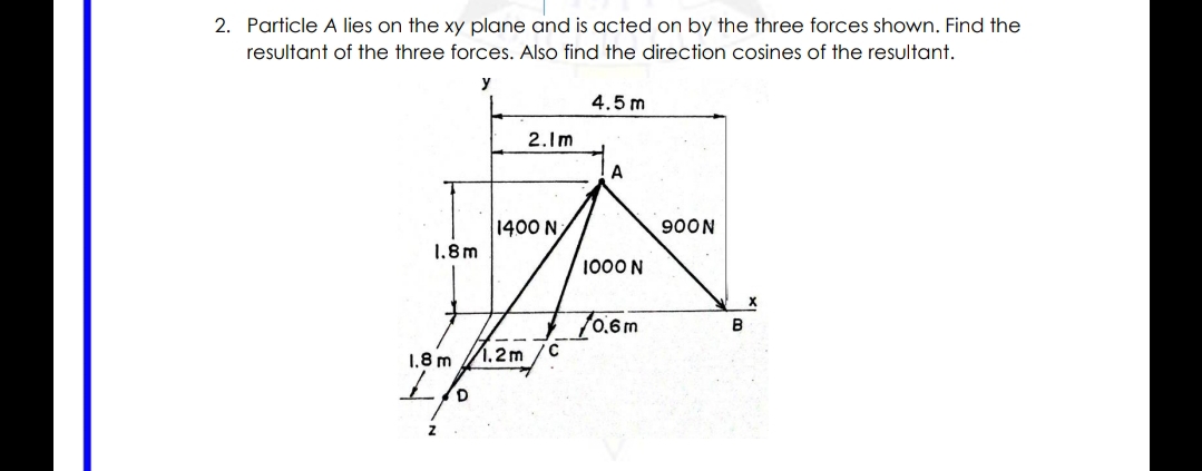 2. Particle A lies on the xy plane and is acted on by the three forces shown. Find the
resultant of the three forces. Also find the direction cosines of the resultant.
y
4.5 m
2.lm
A
1400 N
900N
1.8m
1000 N
70.6m
B
1,8 m
1.2m
