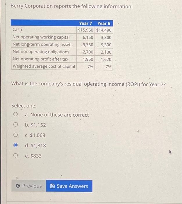Berry Corporation reports the following information.
Cash
Net operating working capital
Net long-term operating assets
Net nonoperating obligations
Net operating profit after tax
Weighted average cost of capital
What is the company's residual operating income (ROPI) for Year 7?
Select one:
O
O
O
Year 7 Year 6
$15,960 $14,490
6,150 3,300
-9,360
9,300
2,700
2,100
1,950
1,620
7%
7%
a. None of these are correct
b. $1,152
c. $1,068
d. $1,818
Oe. $833
« Previous
Save Answers