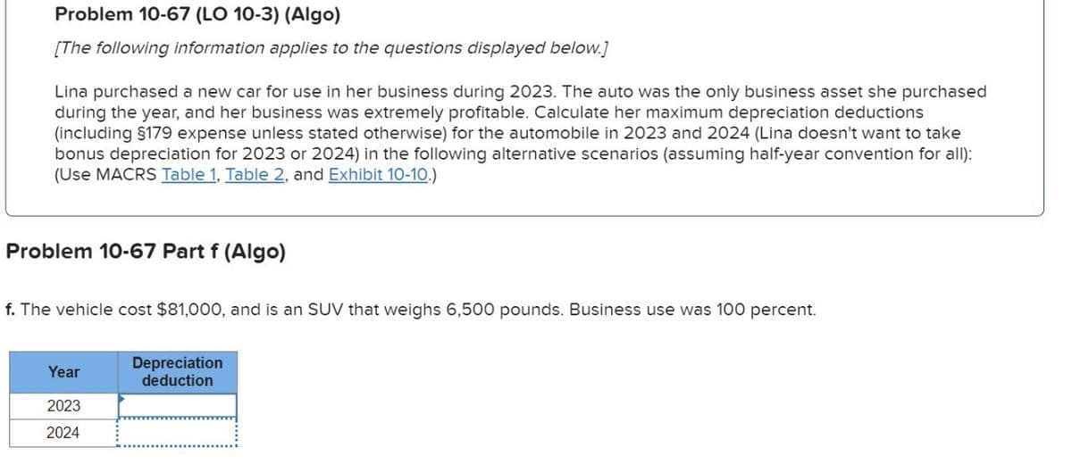 Problem 10-67 (LO 10-3) (Algo)
[The following information applies to the questions displayed below.]
Lina purchased a new car for use in her business during 2023. The auto was the only business asset she purchased
during the year, and her business was extremely profitable. Calculate her maximum depreciation deductions
(including §179 expense unless stated otherwise) for the automobile in 2023 and 2024 (Lina doesn't want to take
bonus depreciation for 2023 or 2024) in the following alternative scenarios (assuming half-year convention for all):
(Use MACRS Table 1, Table 2, and Exhibit 10-10.)
Problem 10-67 Part f (Algo)
f. The vehicle cost $81,000, and is an SUV that weighs 6,500 pounds. Business use was 100 percent.
Depreciation
Year
deduction
2023
2024