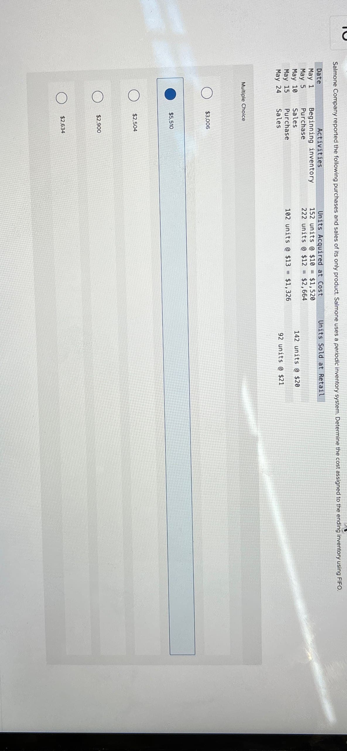 Salmone Company reported the following purchases and sales of its only product. Salmone uses a periodic inventory system. Determine the cost assigned to the ending inventory using FIFO.
Date
May 1
Activities
Beginning inventory
May 5
Purchase
Units Acquired at Cost
152 units @ $10 = $1,520
222 units @ $12 = $2,664
Units Sold at Retail
May 10
Sales
142 units @ $20
May 15
Purchase
102 units @ $13 = $1,326
May 24
Sales
92 units @ $21
Multiple Choice
$3,006
$5,510
$2,504
$2,900
$2,634