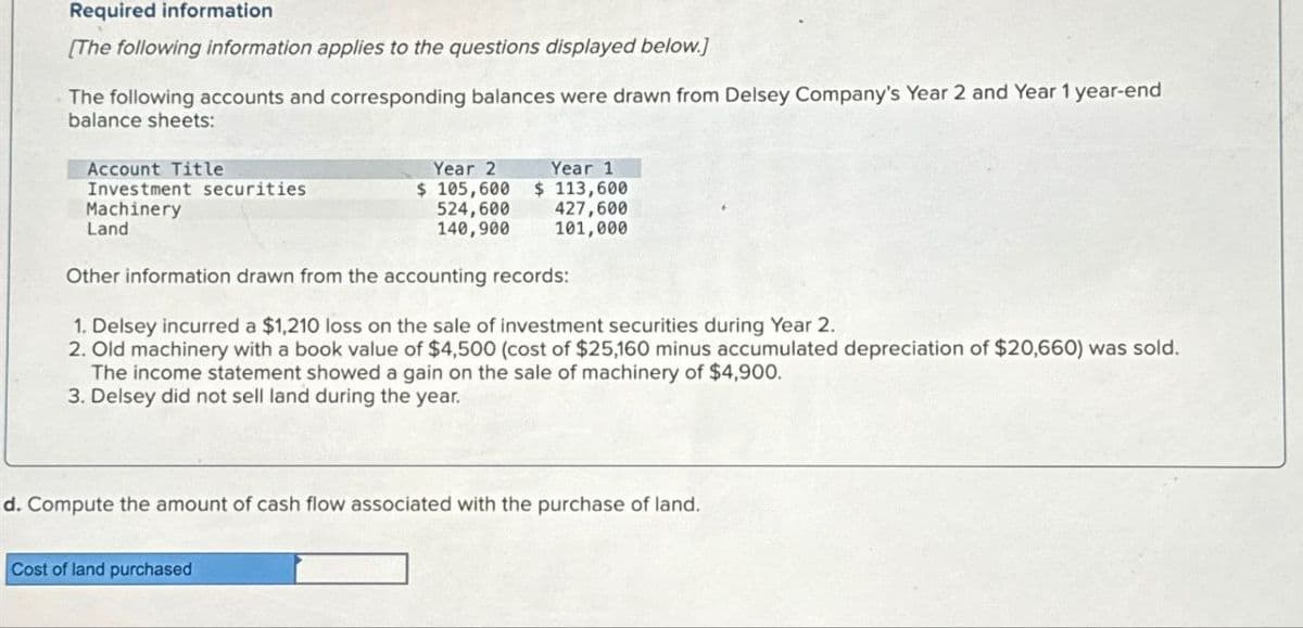 Required information
[The following information applies to the questions displayed below.]
The following accounts and corresponding balances were drawn from Delsey Company's Year 2 and Year 1 year-end
balance sheets:
Account Title
Year 2
Year 1
Investment securities
Machinery
$ 105,600
$113,600
524,600
140,900
427,600
101,000
Land
Other information drawn from the accounting records:
1. Delsey incurred a $1,210 loss on the sale of investment securities during Year 2.
2. Old machinery with a book value of $4,500 (cost of $25,160 minus accumulated depreciation of $20,660) was sold.
The income statement showed a gain on the sale of machinery of $4,900.
3. Delsey did not sell land during the year.
d. Compute the amount of cash flow associated with the purchase of land.
Cost of land purchased