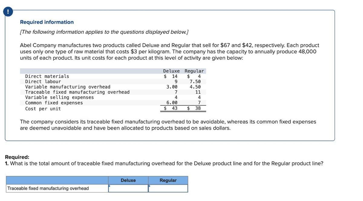 !
Required information
[The following information applies to the questions displayed below.]
Abel Company manufactures two products called Deluxe and Regular that sell for $67 and $42, respectively. Each product
uses only one type of raw material that costs $3 per kilogram. The company has the capacity to annually produce 48,000
units of each product. Its unit costs for each product at this level of activity are given below:
Direct materials
Direct labour
Variable manufacturing overhead
Traceable fixed manufacturing overhead
Variable selling expenses
Common fixed expenses
Cost per unit
Deluxe Regular
$ 14
$ 4
9
7.50
3.00
4.50
7
11
4
4
6.00
7
$ 43 $ 38
The company considers its traceable fixed manufacturing overhead to be avoidable, whereas its common fixed expenses
are deemed unavoidable and have been allocated to products based on sales dollars.
Required:
1. What is the total amount of traceable fixed manufacturing overhead for the Deluxe product line and for the Regular product line?
Traceable fixed manufacturing overhead
Deluxe
Regular