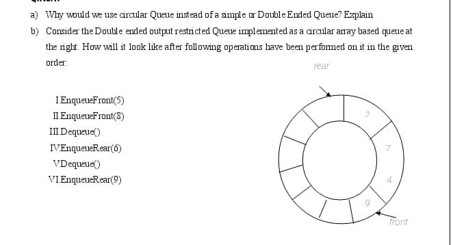 a) Why would we use circular Queue instead of a simple ar Double Ended Queue? Explain
b) Consider the Double ended output restricted Queue implemented as a circular aray based queue at
the right. How will it look like after following operations have been perfomed on it in the given
order.
rear
IEnqueueFront(5)
IIEnqueueFront(8)
III Dequeue()
IVEnqueueRear(6)
VDequeue()
VIEnqueueRear(9)
front
