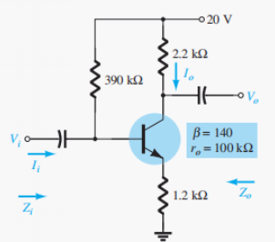 0 20 V
'2.2 kΩ
: 390 kΩ
ovo
B= 140
ro=100 kΩ
%3D
' 1.2 kΩ
