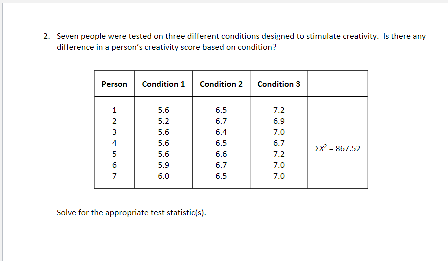 2. Seven people were tested on three different conditions designed to stimulate creativity. Is there any
difference in a person's creativity score based on condition?
Person
HN34567
1
2
4
7
Condition 1 Condition 2
5.6
5.2
5.6
5.6
5.6
5.9
6.0
Solve for the appropriate test statistic(s).
6.5
6.7
6.4
6.5
6.6
6.7
6.5
Condition 3
7.2
6.9
7.0
6.7
7.2
7.0
7.0
ΣΧ2 = 867.52