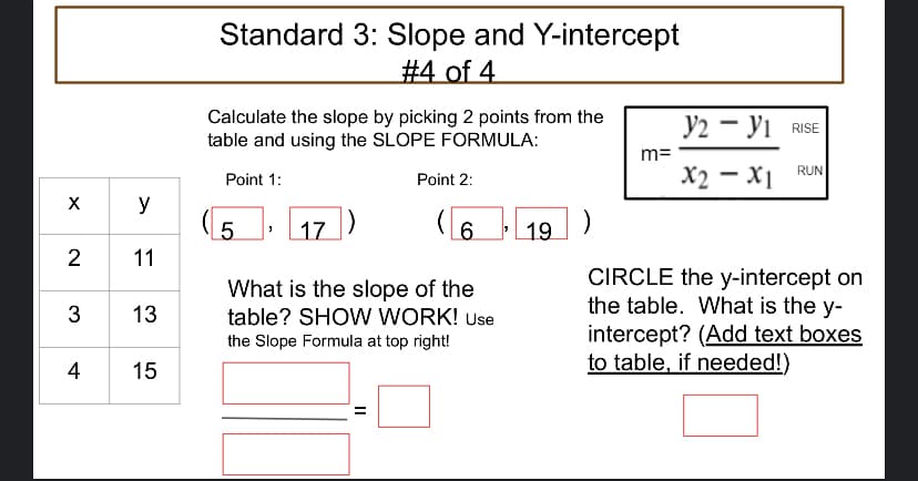 Standard 3: Slope and Y-intercept
#4 of 4
Calculate the slope by picking 2 points from the
table and using the SLOPE FORMULA:
У2 — У1 RISE
m=
X2 – X1
RUN
Point 1:
Point 2:
y
(5.
17
6.
19
2
11
CIRCLE the y-intercept on
the table. What is the y-
intercept? (Add text boxes
to table, if needed!)
What is the slope of the
3
13
table? SHOW VWORK! Use
the Slope Formula at top right!
4
15
