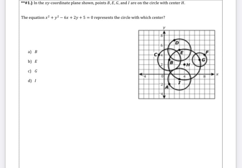 **#1.) In the xy-coordinate plane shown, points B, E, G, and I are on the circle with center H.
The equation x? + y² – 6x + 2y + 5 = 0 represents the circle with which center?
a) B
b) E
c) G
d) I
