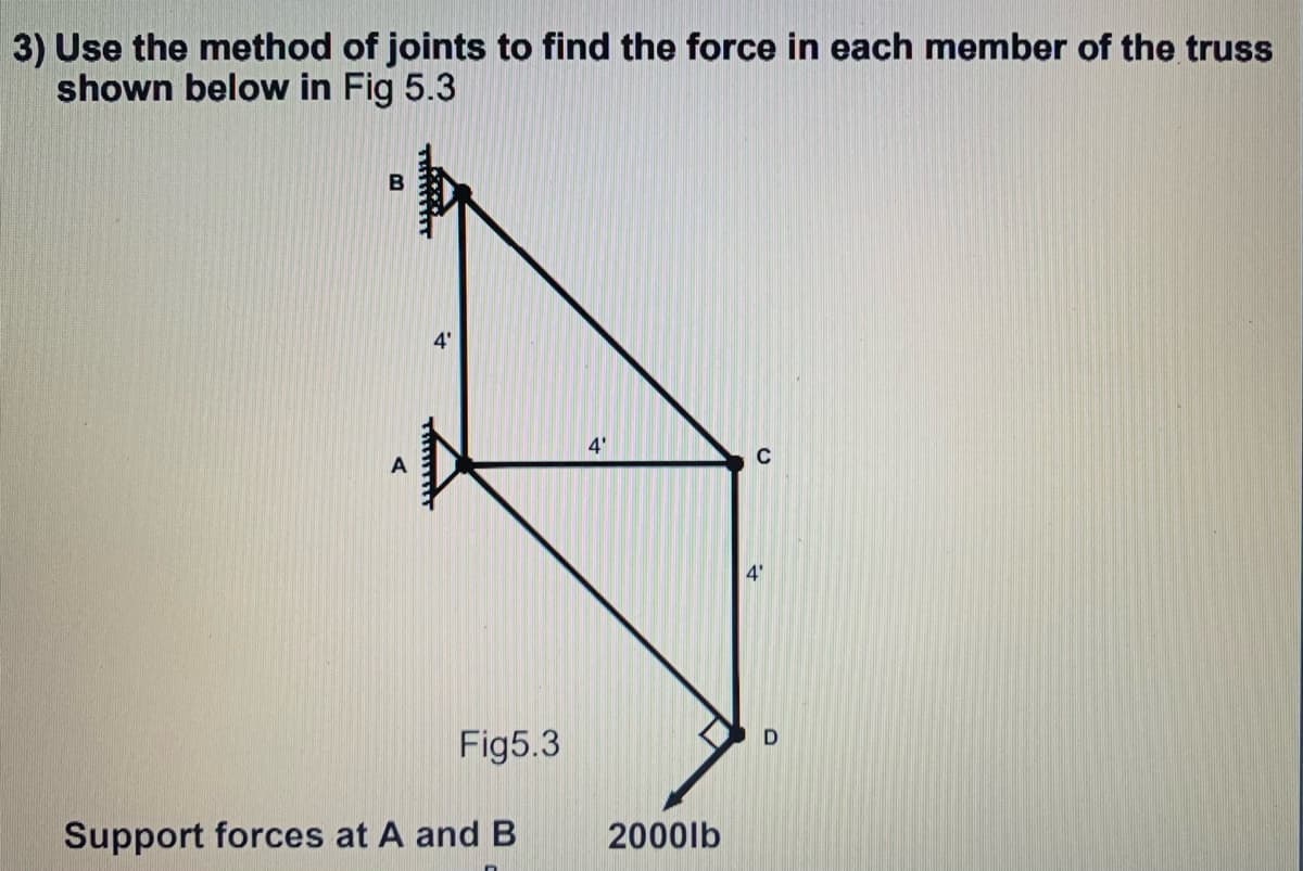 3) Use the method of joints to find the force in each member of the truss
shown below in Fig 5.3
B
4'
4'
C
4'
D
Fig5.3
Support forces at A and B
2000lb
