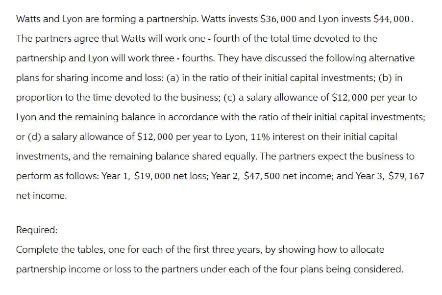 Watts and Lyon are forming a partnership. Watts invests $36,000 and Lyon invests $44,000.
The partners agree that Watts will work one-fourth of the total time devoted to the
partnership and Lyon will work three-fourths. They have discussed the following alternative
plans for sharing income and loss: (a) in the ratio of their initial capital investments; (b) in
proportion to the time devoted to the business; (c) a salary allowance of $12,000 per year to
Lyon and the remaining balance in accordance with the ratio of their initial capital investments;
or (d) a salary allowance of $12,000 per year to Lyon, 11% interest on their initial capital
investments, and the remaining balance shared equally. The partners expect the business to
perform as follows: Year 1, $19,000 net loss; Year 2, $47,500 net income; and Year 3, $79, 167
net income.
Required:
Complete the tables, one for each of the first three years, by showing how to allocate
partnership income or loss to the partners under each of the four plans being considered.