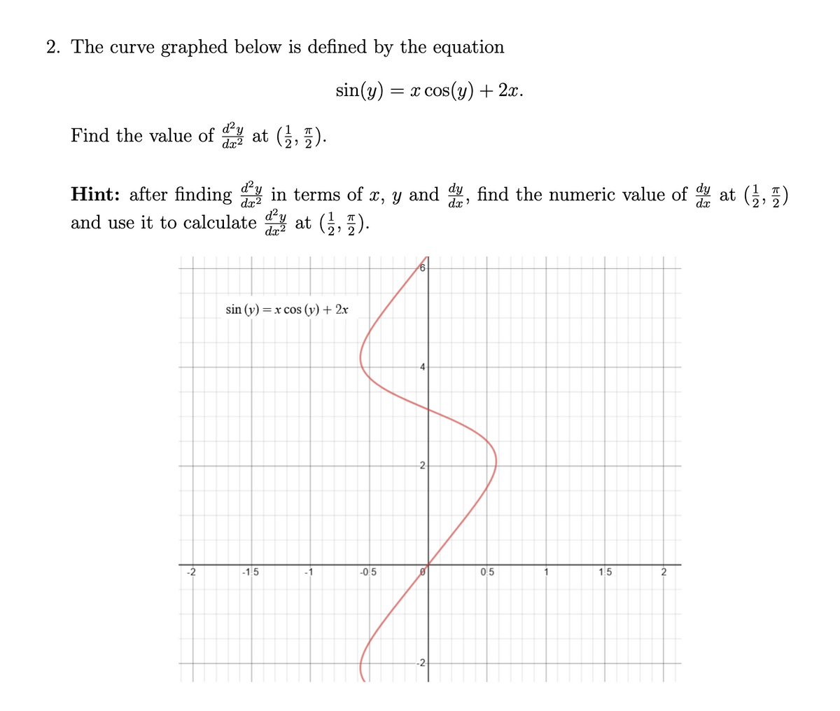 2. The curve graphed below is defined by the equation
sin(y) = x cos(y) + 2x.
Find the value of at (,5).
dy
dx2
Hint: after finding at (G, 5)
y in terms of x, y and Y, find the numeric value of
dx2
dx ?
dx
and use it to calculate ! at (, ).
dx2
sin (y) = x cos (v) + 2x
-4
2
-2
-1.5
-1
-0.5
0.5
1
1.5
2
-2
