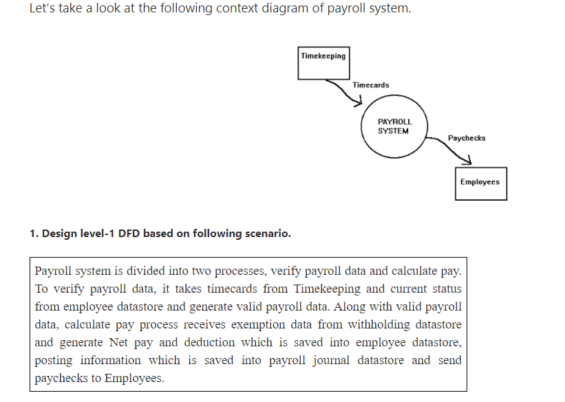 Let's take a look at the following context diagram of payroll system.
Timekeeping
Timecards
PAYROLL
SYSTEM
Paychecks
Employees
1. Design level-1 DFD based on following scenario.
Payroll system is divided into two processes, verify payroll data and calculate pay.
To verify payroll data, it takes timecards from Timekeeping and current status
from employee datastore and generate valid payroll data. Along with valid payroll
data, calculate pay process receives exemption data from withholding datastore
and generate Net pay and deduction which is saved into employee datastore,
posting information which is saved into payroll journal datastore and send
paychecks to Employees.
