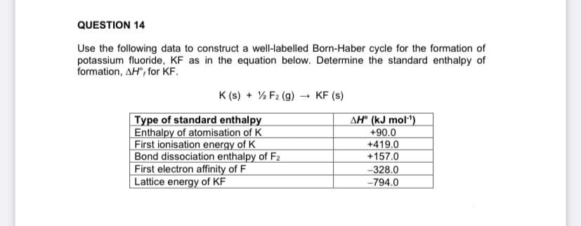 QUESTION 14
Use the following data to construct a well-labelled Born-Haber cycle for the formation of
potassium fluoride, KF as in the equation below. Determine the standard enthalpy of
formation, AH°, for KF.
K (s) + % F2 (g)
KF (s)
AH° (kJ mol1)
Type of standard enthalpy
Enthalpy of atomisation of K
First ionisation energy of K
Bond dissociation enthalpy of F2
First electron affinity of F
Lattice energy of KF
+90.0
+419.0
+157.0
-328.0
-794.0
