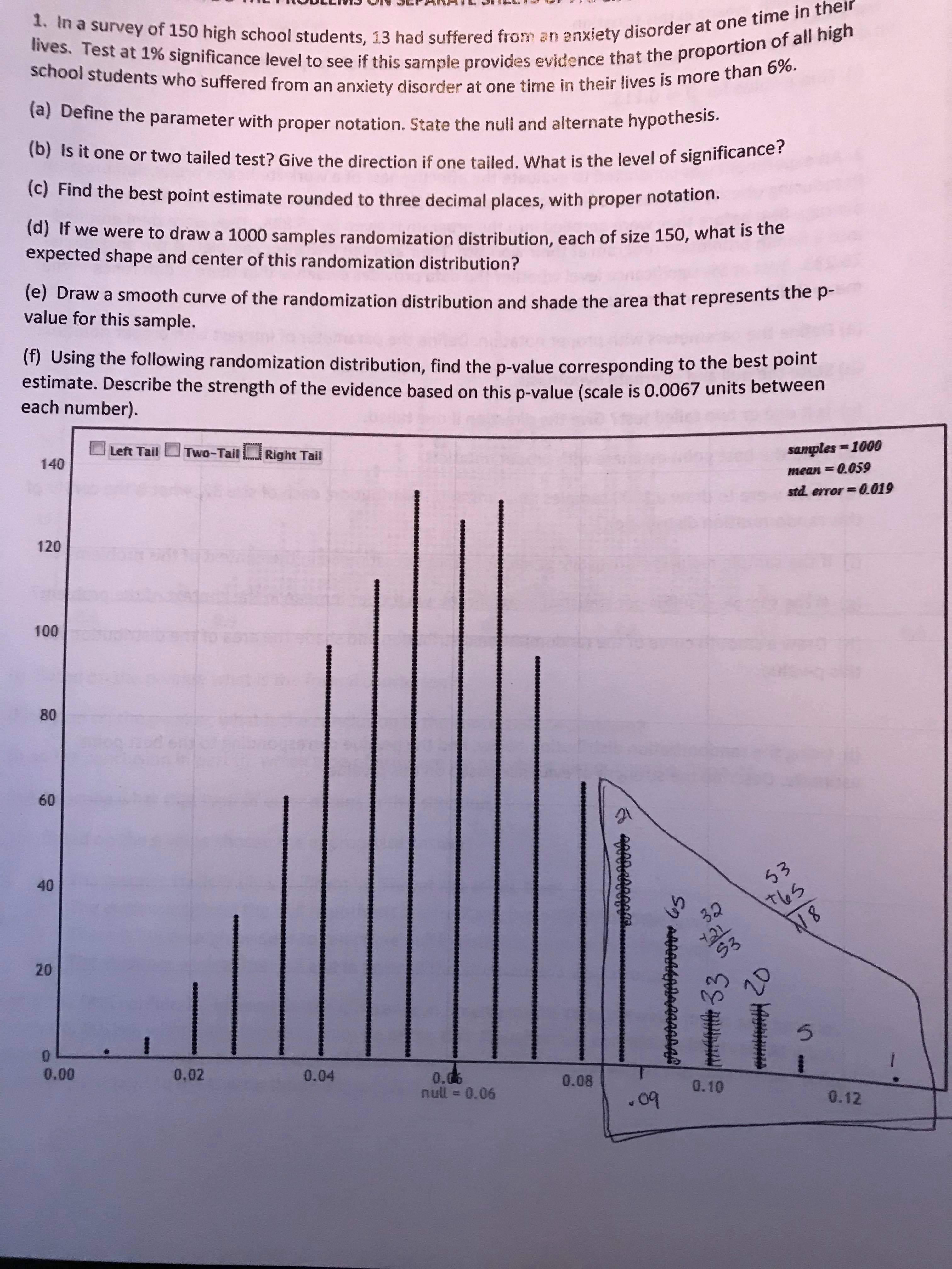 1. In a survey of 150 high school students, 13 had suffered from an anxiety disorder at one time in the
lives. Test at 1 % significance level to see if this sample provides evidence that the proportion of all high
school students who suffered from an anxiety disorder at one time in their lives is more than 6%.
(a) Define the parameter with proper notation. State the null and alternate hypothesis.
(b) Is it one or two tailed test? Give the direction if one tailed. What is the level of significance?
(c) Find the best point estimate rounded to three decimal places, with
notation.
proper
(d) If we were to draw a 1000 samples randomization distribution, each of size 150, what is the
expected shape and center of this randomization distribution?
e) Draw a smooth curve of the randomization distribution and shade the area that represents the p-
value for this sample.
(f) Using the following randomization distribution, find the p-value corresponding to the best point
estimate. Describe the strength of the evidence based on this p-value (scale is 0.0067 units between
each number).
Left Tail
Two-Tail Right Tail
140
samples
-1000
mean 0.059
std error 0.019
120
100
80
60
40
63
32
W 8
20
S3
0.00
0.02
0.04
0.05
null 0.06
0.08
0.10
09
0.12
S arPaAMAMAAAAAAA
eA 33
