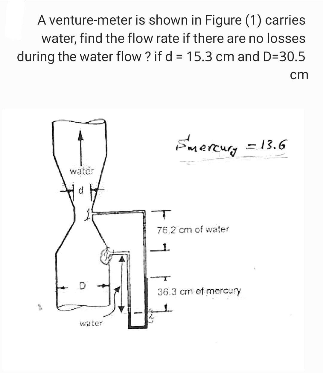 A venture-meter is shown in Figure (1) carries
water, find the flow rate if there are no losses
during the water flow ? if d = 15.3 cm and D=30.5
cm
Fmercury =13.6
water
76.2 cm of water
36.3 cm of mercury
water
